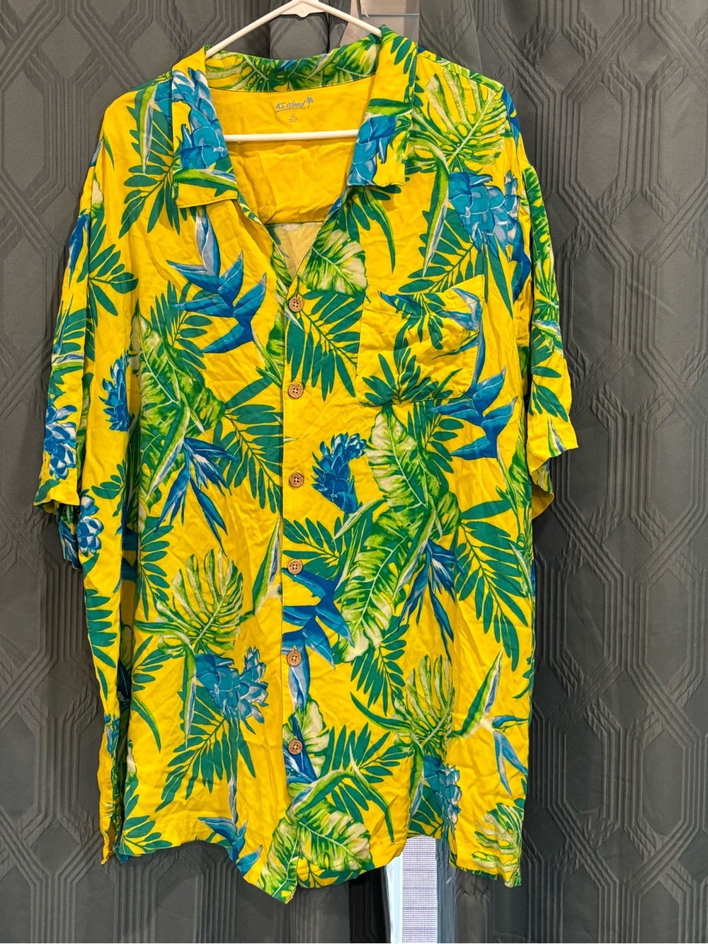 KS Island Men’s Yellow Tropical Leaf Hawaiian Button-Up Shirt Sz 3XL